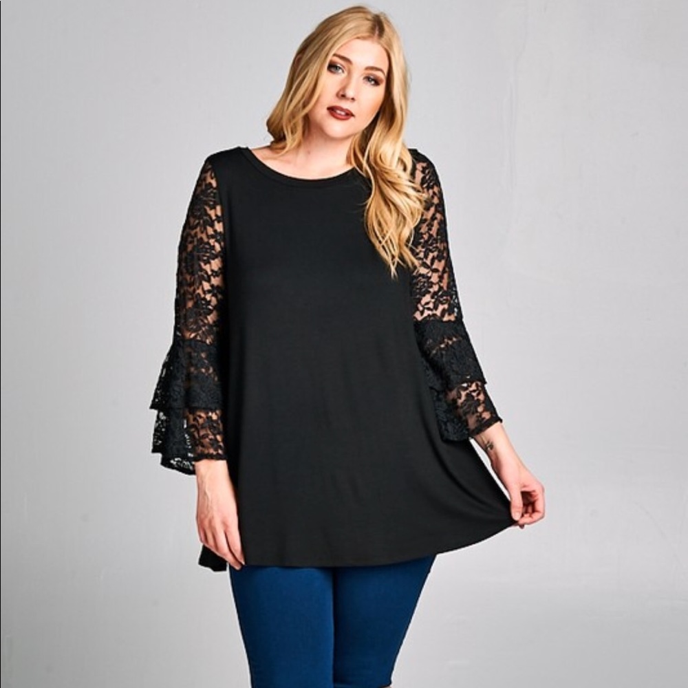 PLUS SIZE black jersey tunic w Lace bell sleeves - Picture 4 of 5